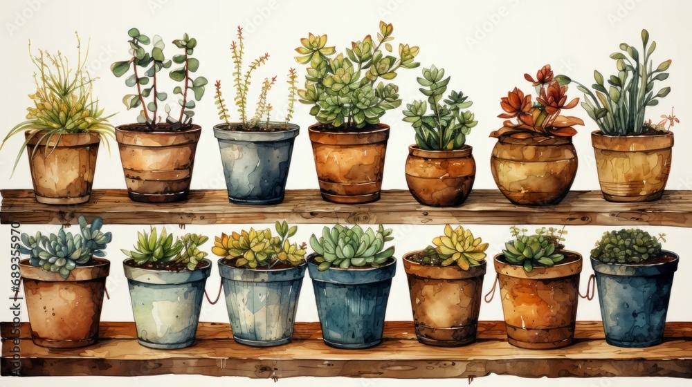 Seedling Pots. Farm life watercolor illustration. Agriculture art. Gardening.