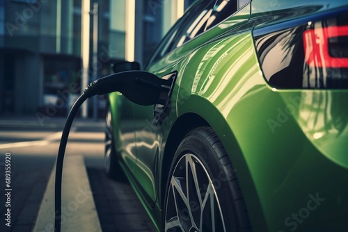 A green electric car is plugged into a charging station