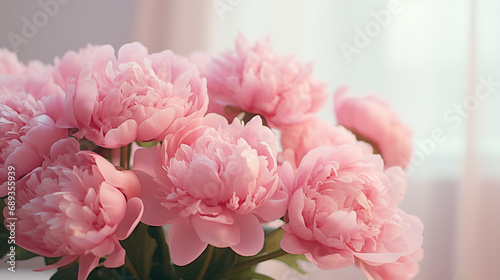 Fototapeta Naklejka Na Ścianę i Meble -  Bouquet of stylish peonies close-up. Pink peony flowers. Close-up of flower petals. Floral greeting card or wallpaper. Delicate abstract floral pastel background. Greeting card. Generated AI