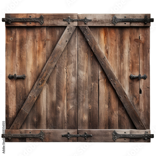 Rustic Barn Door With Iron Hinges. A Rustic Barn Door With Weathered Wood and Iron Hinges Isolated to Evoke Rural Charm and Simplicity.. Cutout PNG. photo