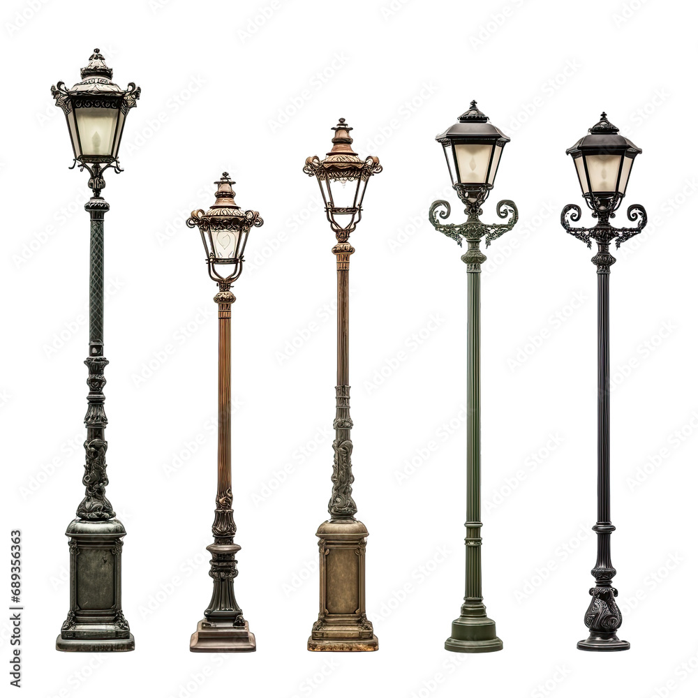 Set of Vintage Lamp Posts - A Set of Vintage Lamp Posts Isolated Featuring Classic Design and Outdoor Lighting. Isolated on a Transparent Background. Cutout PNG.