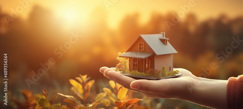 3d house model on human hands with blurred background   concept of insurance or bank loan photo