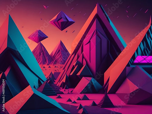 A surrealistic pyramidal backdrop of abstract synthwave shapes and textures, rendered in a low-poly style. ai generated photo
