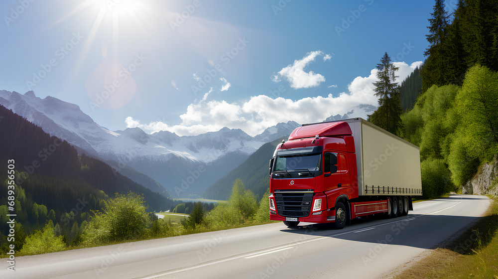 A beautiful truck is driving along a winding mountain road.