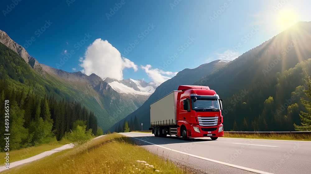 A beautiful truck is driving along a winding mountain road. A beautiful truck is driving along a winding mountain road.