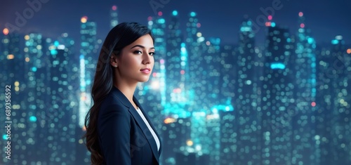 Confident businesswoman overlooking city center skyscraper. Generative AI.
