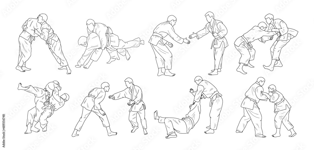 Line sketch of sportive judoka fighter. Judoist, judoka, athlete, duel, fight, judo Line sketch of sportive judoka fighter. Judoist, judoka, athlete, duel, fight, judo