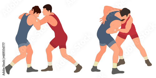 Image of athletes wrestlers in wrestling, fighting. Greco Roman wrestling, fight, combating, struggle, grappling, duel, mixed martial art, sportsmanship
