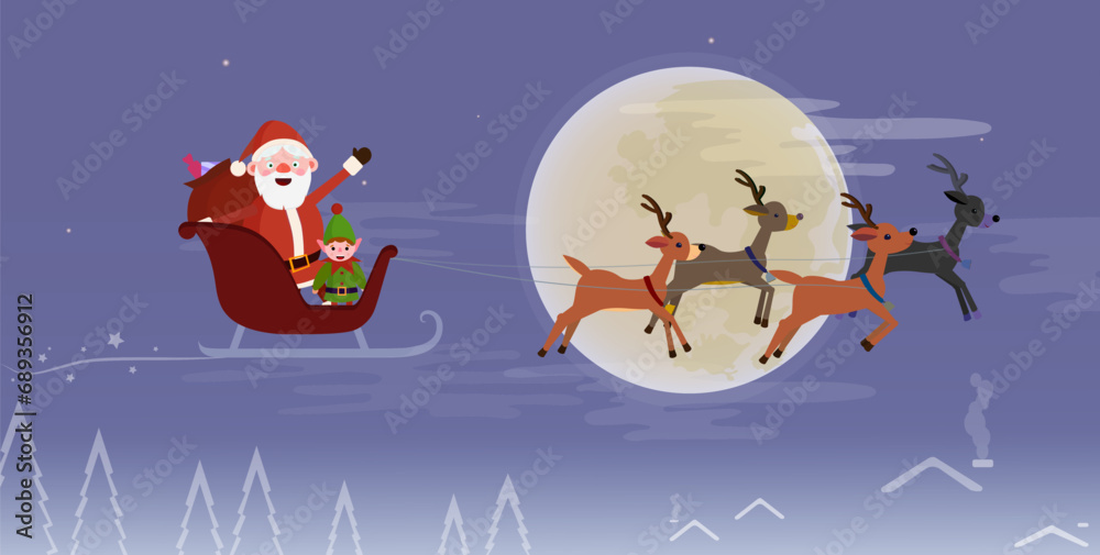 Naklejka premium Merry Christmas greeting card. Santa Claus and elf flying on a sleigh 
