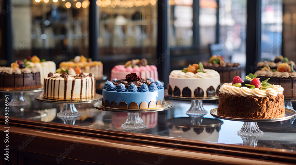 Diverse Collection of Cakes on Display at the Bakery