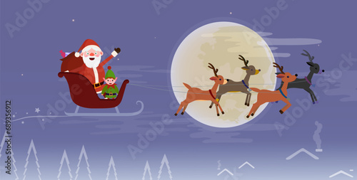 Merry Christmas greeting card. Santa Claus and elf flying on a sleigh

