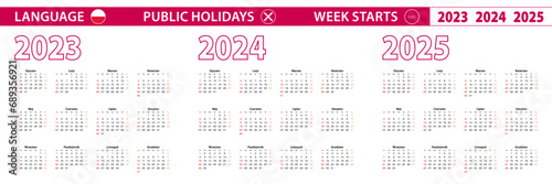 2023, 2024, 2025 year vector calendar in Polish language, week starts on Sunday.