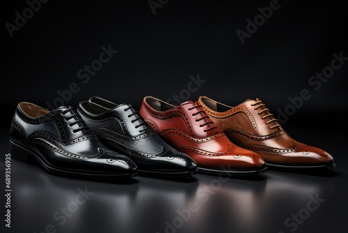 classic formal occasion shoes collection Set of classical leather Cap Toe Oxfords and Wingtip brogue shoes black background