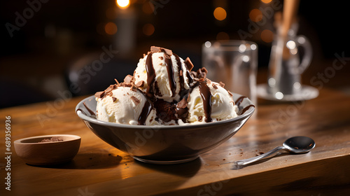 Big Ice Cream Balls with Chocolate in a Bowl