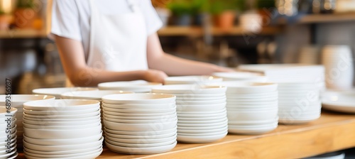 White tableware close up with woman washing dishes in industrial kitchen, blurred background
