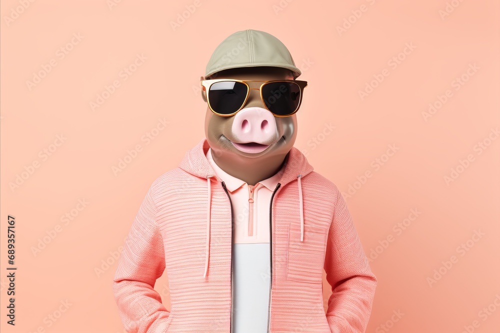Stylish happy piglet on pastel background, studio fashion shot with copy space for text placement.