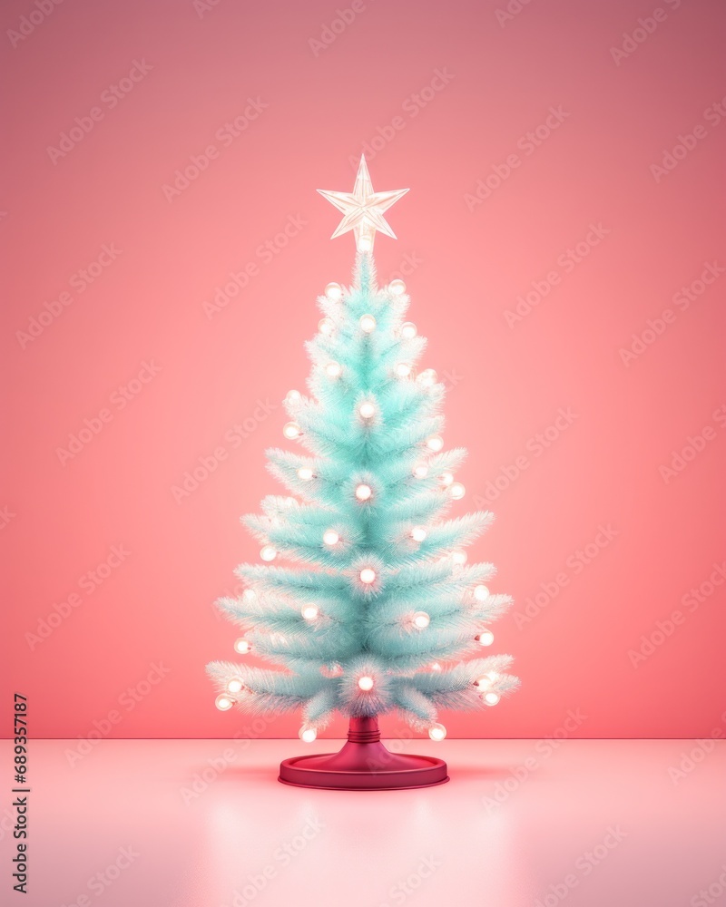 A pastel blue artificial christmas tree with white lights and a red base against a pink background A pastel blue artificial christmas tree with white lights and a red base against a pink background