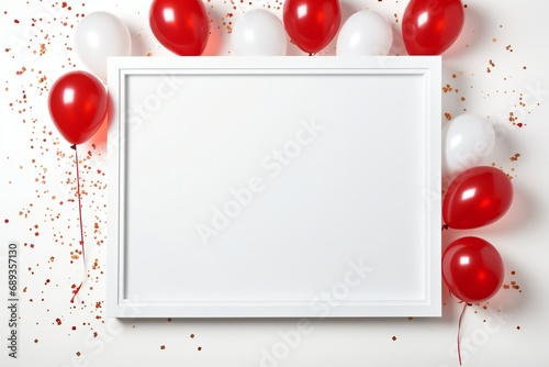A white frame with red gold balloons and red glitter on it