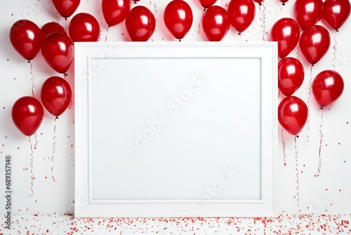 A white frame with red gold balloons and red glitter on it