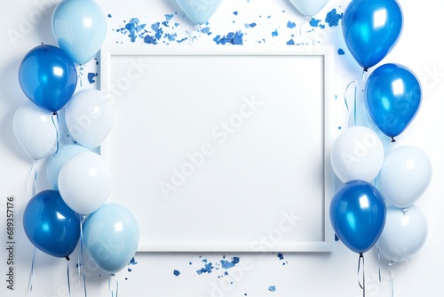 A white frame with blue balloons and blue glitter on it 