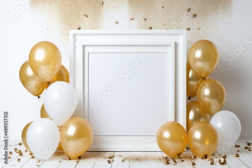 A white frame with balloons and gold glitter on it 