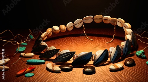 A cowrie shell necklace spread out for Kwanzaa.