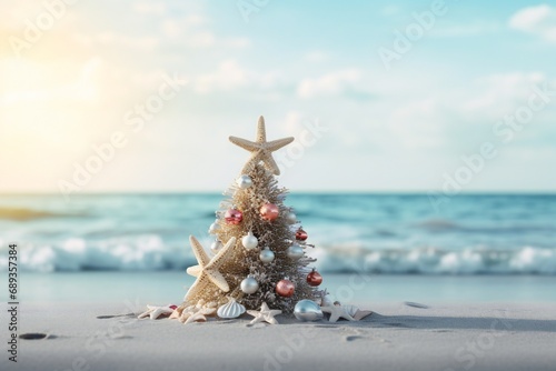 Small seashell christmas tree on the beach with copy space