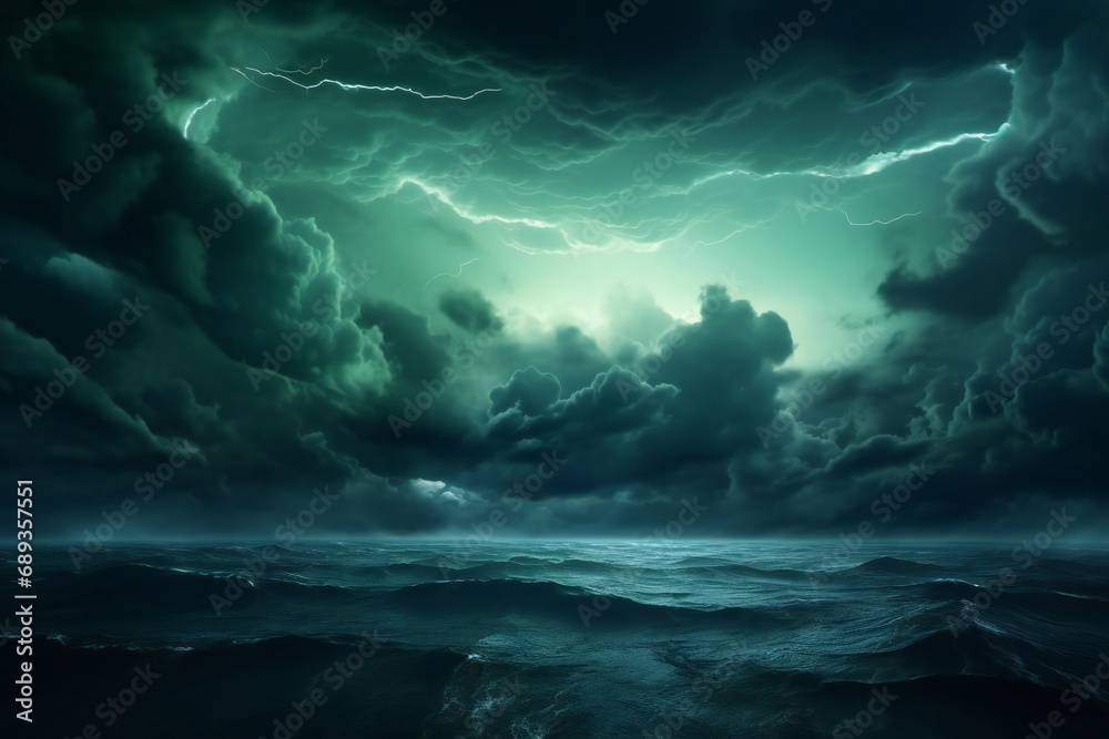 Black dark greenish blue dramatic night sky. Gloomy ominous storm rain clouds background. Cloudy thunderstorm hurricane wind lightning. Epic fantasy mystic. Or creepy spooky nightmare horror concept