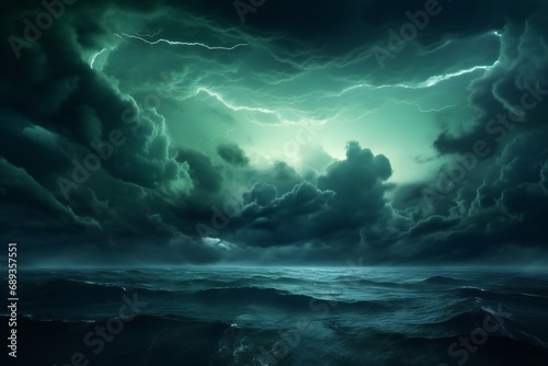 Black dark greenish blue dramatic night sky. Gloomy ominous storm rain clouds background. Cloudy thunderstorm hurricane wind lightning. Epic fantasy mystic. Or creepy spooky nightmare horror concept © JAYDESIGNZ