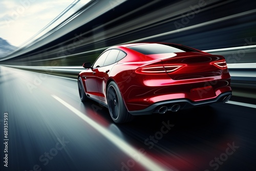 Rear view of red Business car on high speed in turn. black car rushing along a high-speed highway © JAYDESIGNZ