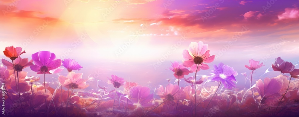 Fototapeta premium colorful flowers with sun shine over them,