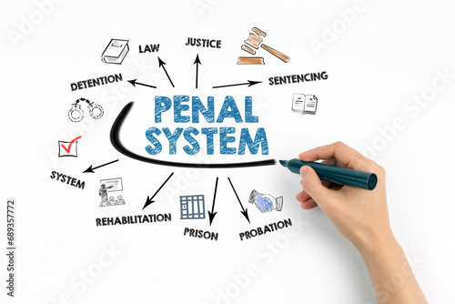 Penal System Concept. Chart with keywords and icons on white background photo