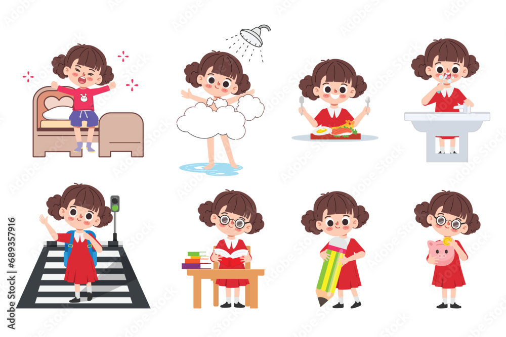 Cute cartoon girl student character. Cartoon Kid in daily routine activity pose. Cute cartoon girl student character. Cartoon Kid in daily routine activity pose.