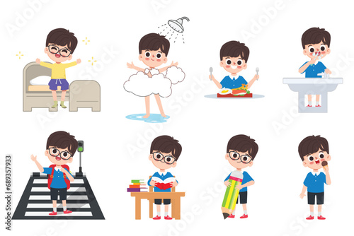 Cute cartoon boy student character. Cartoon Kid in daily routine activity pose.