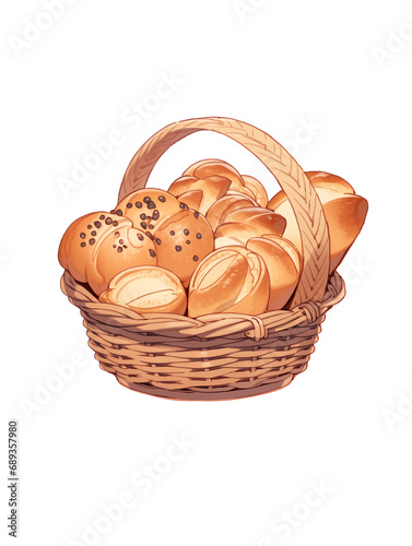 Bread loaves buns in wicker basket, illustration, isolated on transparent background © Olga