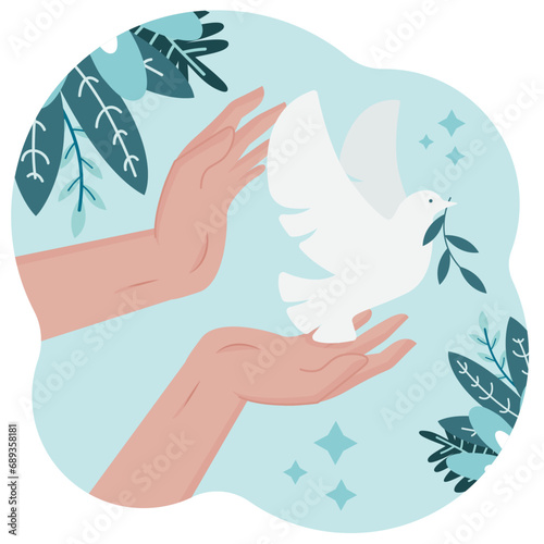 Illustration vectorielle éditable pour la liberté - Mains ouvertes qui lâchent une colombe - Journée de la Paix - Symbole de liberté - Oiseau qui s'envole - Illustration aux couleurs douces 