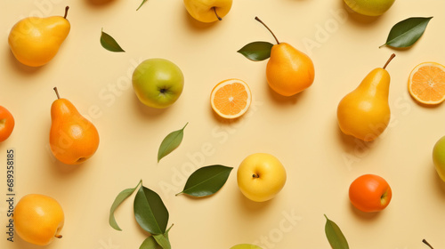 Fresh fruits. Pattern of fruits and berries on a beige background. Flat design. 