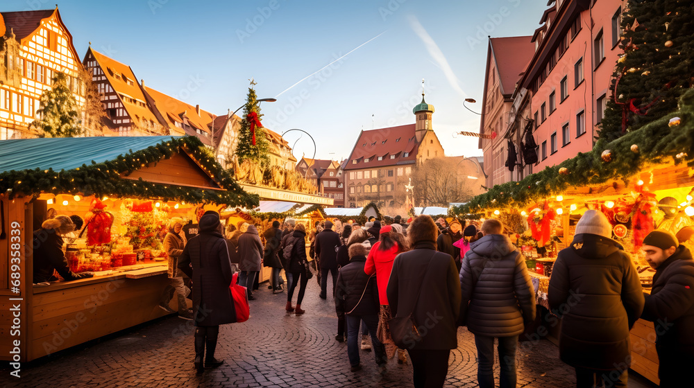 Christmas market in Nuremberg bustling crowds stalls with crafts --ar 16:9 --v 5.2 --style raw