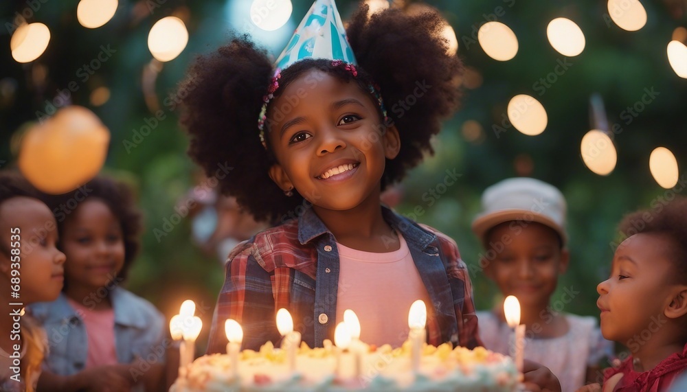 Sweet 5 year old black american kid celebrating her birthday in her backyard with birthday cake. - obrazy, fototapety, plakaty 