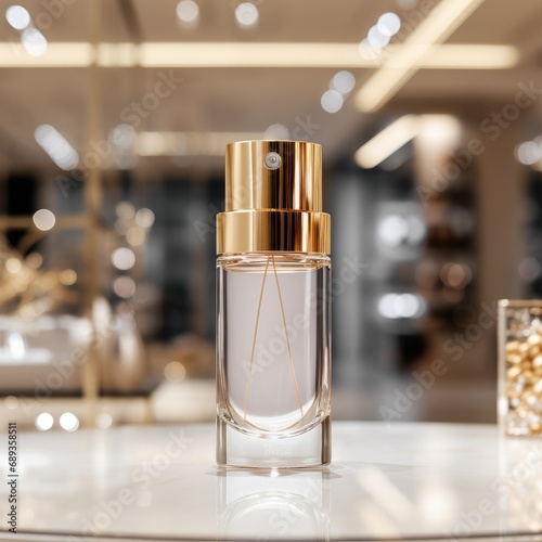 cosmetic bottle with blank front, realistic on a mockup template in a table