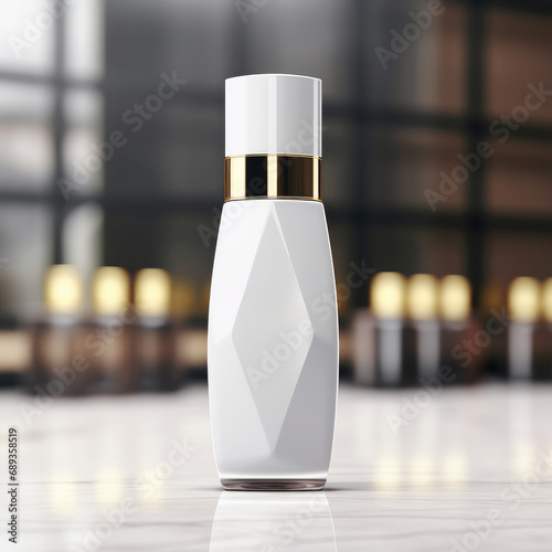 cosmetic bottle with blank front, realistic on a mockup template in a table