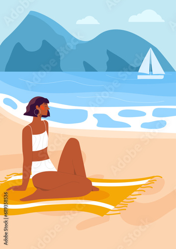 Beach scene concept. Woman in white swimsuit sit at blanket and sunbathing. Holiday and vacation in tropical and exotic countries. Poster or banner for website. Cartoon flat vector illustration © Rudzhan