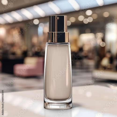 cosmetic bottle with blank front, realistic on a mockup template in a table