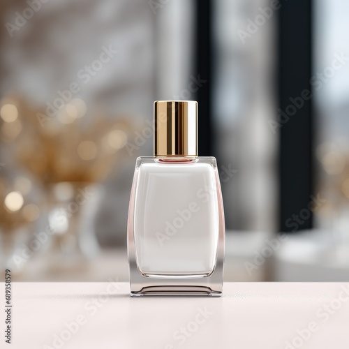 cosmetic bottle with blank front, realistic on a mockup template in a table