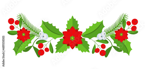 Christmas floral border. Spruce evergreen branch, poinsettia and holly berry