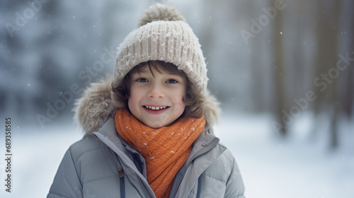 Happy cute little boy in winter clothes walks during a snowfall. Outdoors winter activities for kids. Cute child wearing a warm hat. Winter holidays. Generative AI.