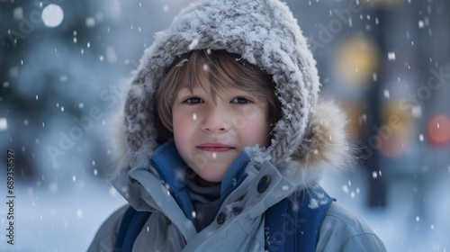 Happy cute little boy in winter clothes walks during a snowfall. Outdoors winter activities for kids. Cute child wearing a warm hat. Winter holidays. Generative AI.