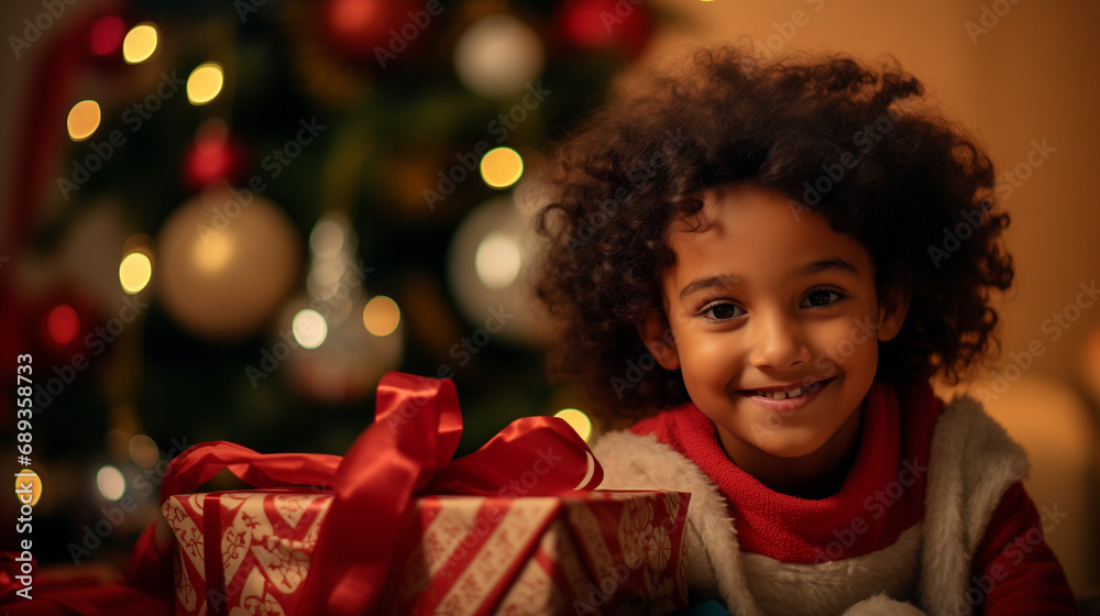 Happy New Year. Portrait of excited little arab american boy laughing while holding xmas gift box on Christmas tree background. Winter holidays, celebrations and party. New Year time. Generative AI. Happy New Year. Portrait of excited little arab american boy laughing while holding xmas gift box on Christmas tree background. Winter holidays, celebrations and party. New Year time. Generative AI.