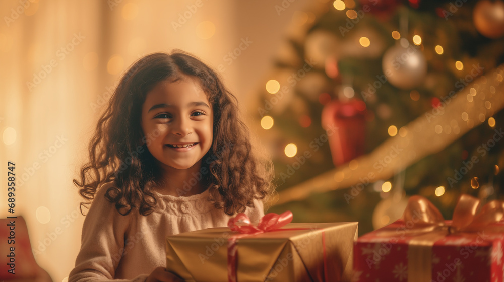 Happy New Year. Portrait of excited little arab american girl laughing while holding xmas gift box on Christmas tree background. Winter holidays, celebrations and party. Generative AI. Happy New Year. Portrait of excited little arab american girl laughing while holding xmas gift box on Christmas tree background. Winter holidays, celebrations and party. Generative AI.