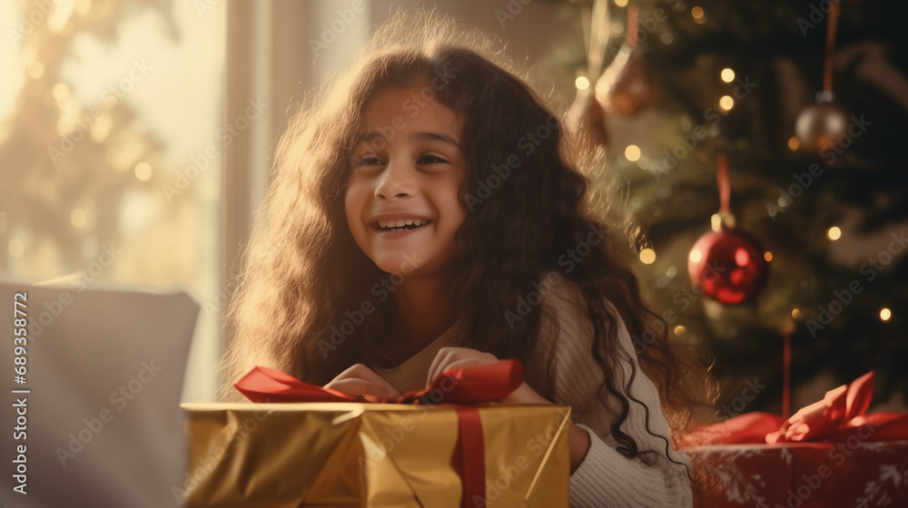 Happy New Year. Portrait of excited little arab american girl laughing while holding xmas gift box on Christmas tree background. Winter holidays, celebrations and party. Generative AI.
